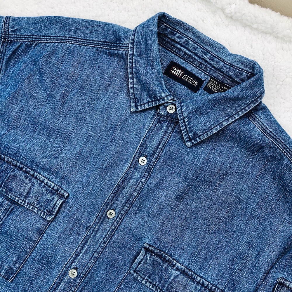 90s Y2K Denim Shirt Mens L  Blue‎ Short Sleeve Heavyweight Tactical Flap Pockets